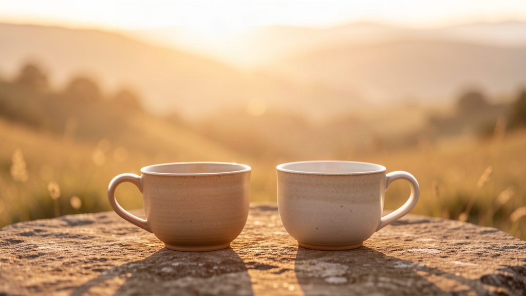 Two cups set side by side in warm morning light