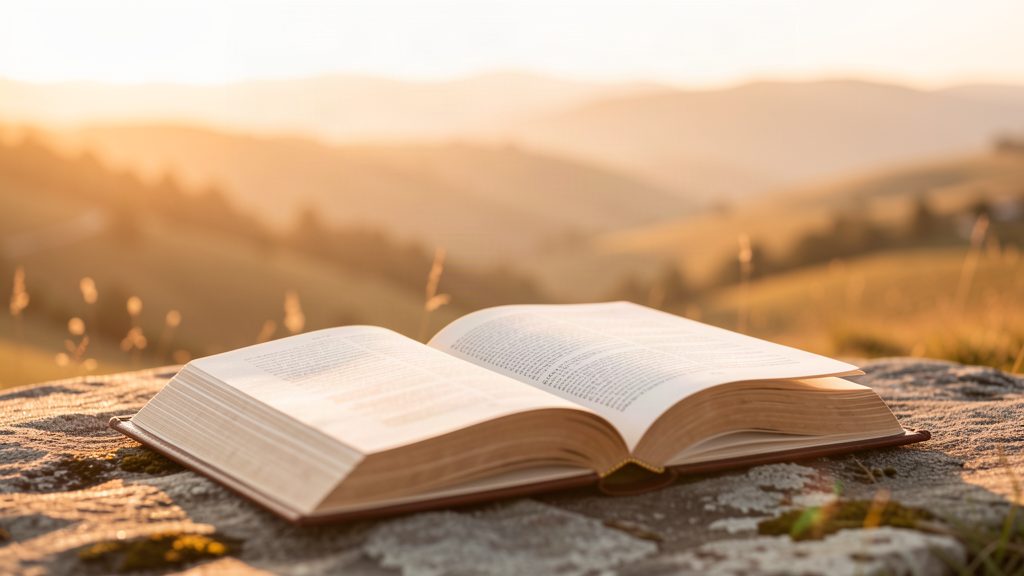 An open Bible resting on a stone ledge above rolling hills at sunrise