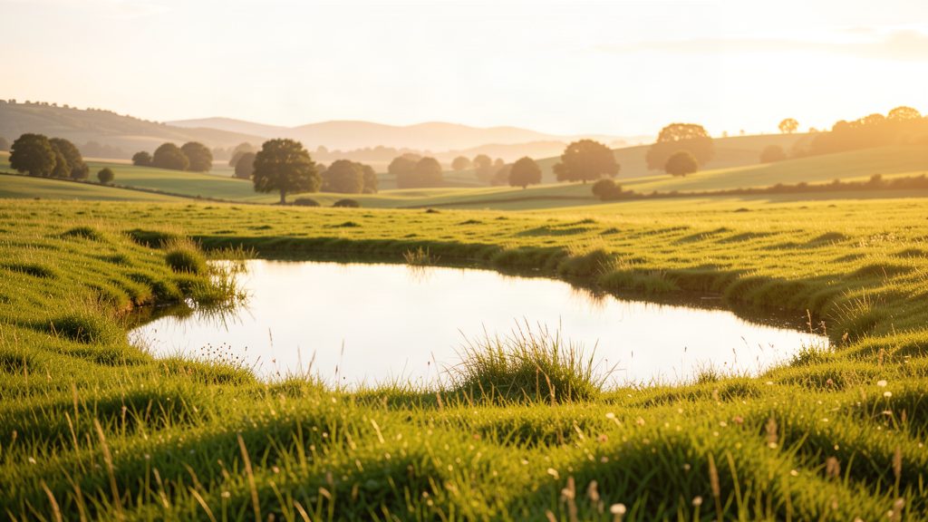 Green pastures around a still pond in the morning sun